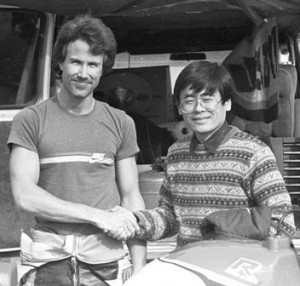 Doug Polen shakes hands with Suzuki's Hank Ota after winning the very first Suzuki GSXR Cup race in Talladega, Alabama, in Feb. of 1986. (larry Lawrence photo)