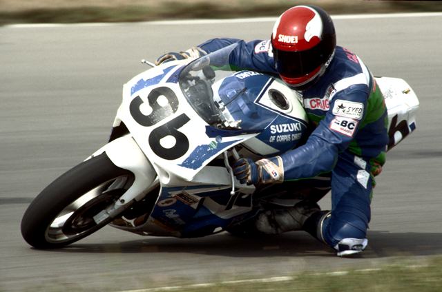 Craig Gleason races his Suzuki GSXR750 at Heartland Park Topeka in the AMA 750cc Supersport race in September of 1990. Gleason was one of the top riders in the series that year and at Topeka he scored a season-best fifth-place finish. (Larry Lawrence photo)